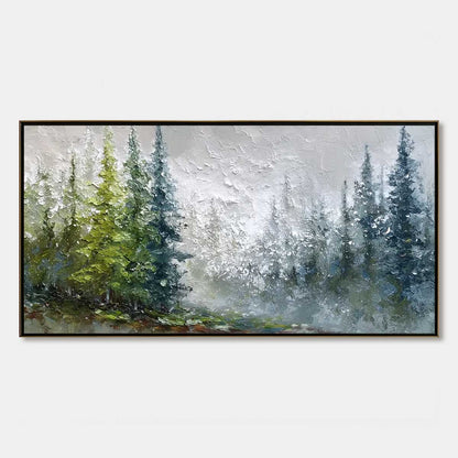 Forest's Breath hand-painted forest green, soft grey and warm earth tones textured forest landscape painting rolled canvas option