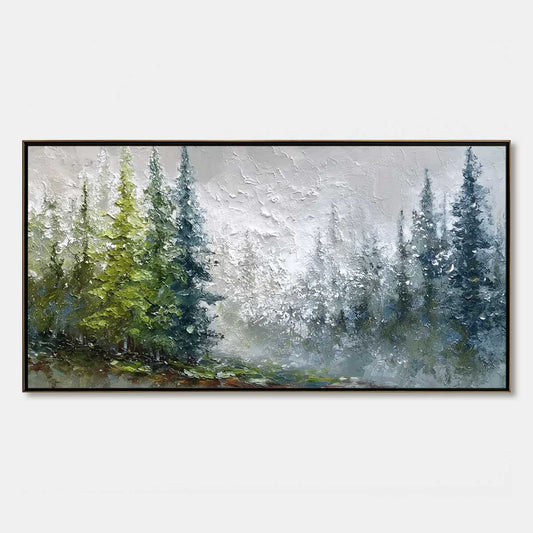 Forest's Breath hand-painted forest green, soft grey and warm earth tones textured forest landscape painting rolled canvas option