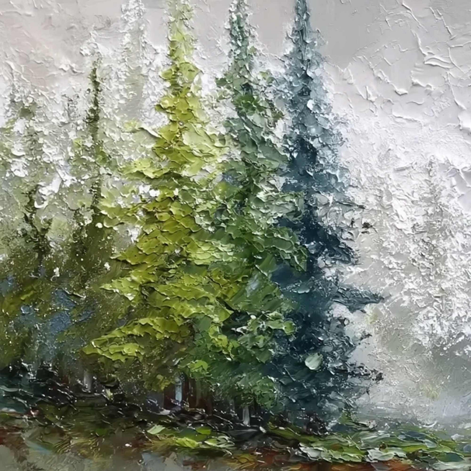 Forest's Breath hand-painted forest green, soft grey and warm earth tones textured forest landscape painting shown with gold frame
