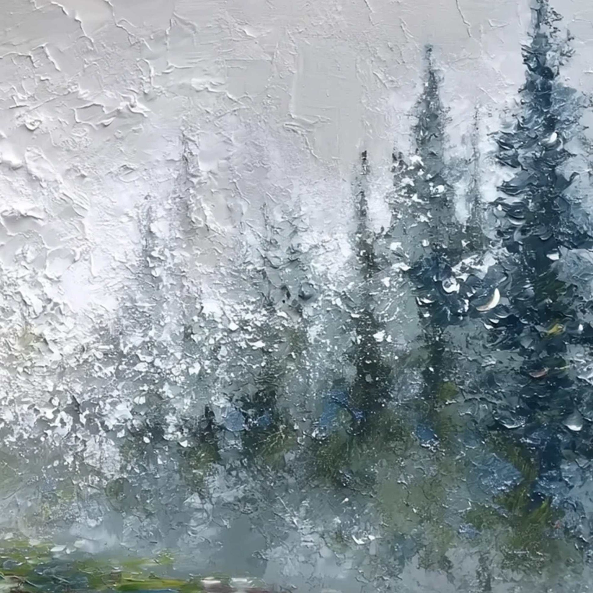 Forest's Breath hand-painted forest green, soft grey and warm earth tones textured forest landscape painting shown with white frame