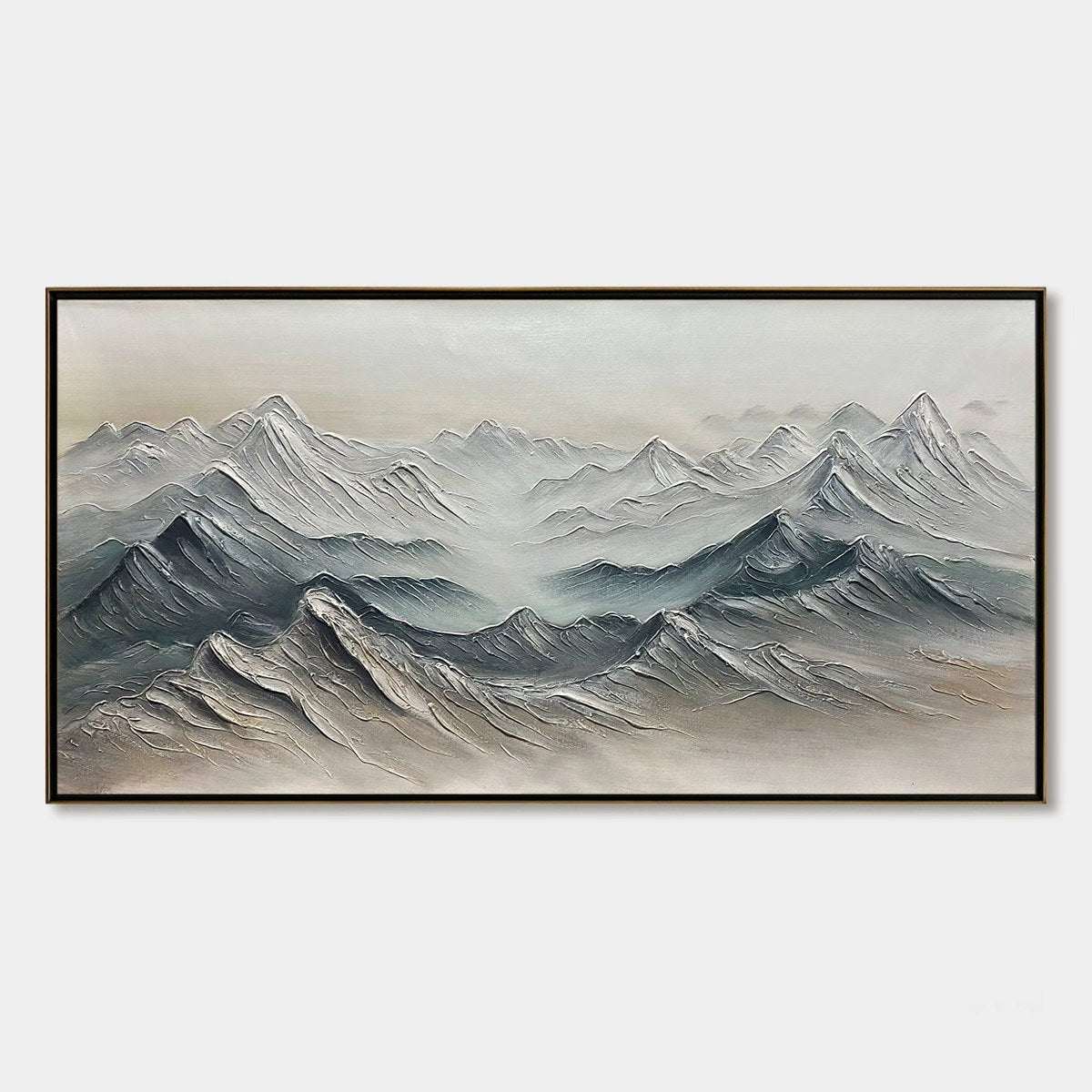 Frozen Peaks hand-painted white and soft grey textured abstract mountain painting shown with silver frame