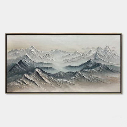Frozen Peaks hand-painted white and soft grey textured abstract mountain painting shown with silver frame