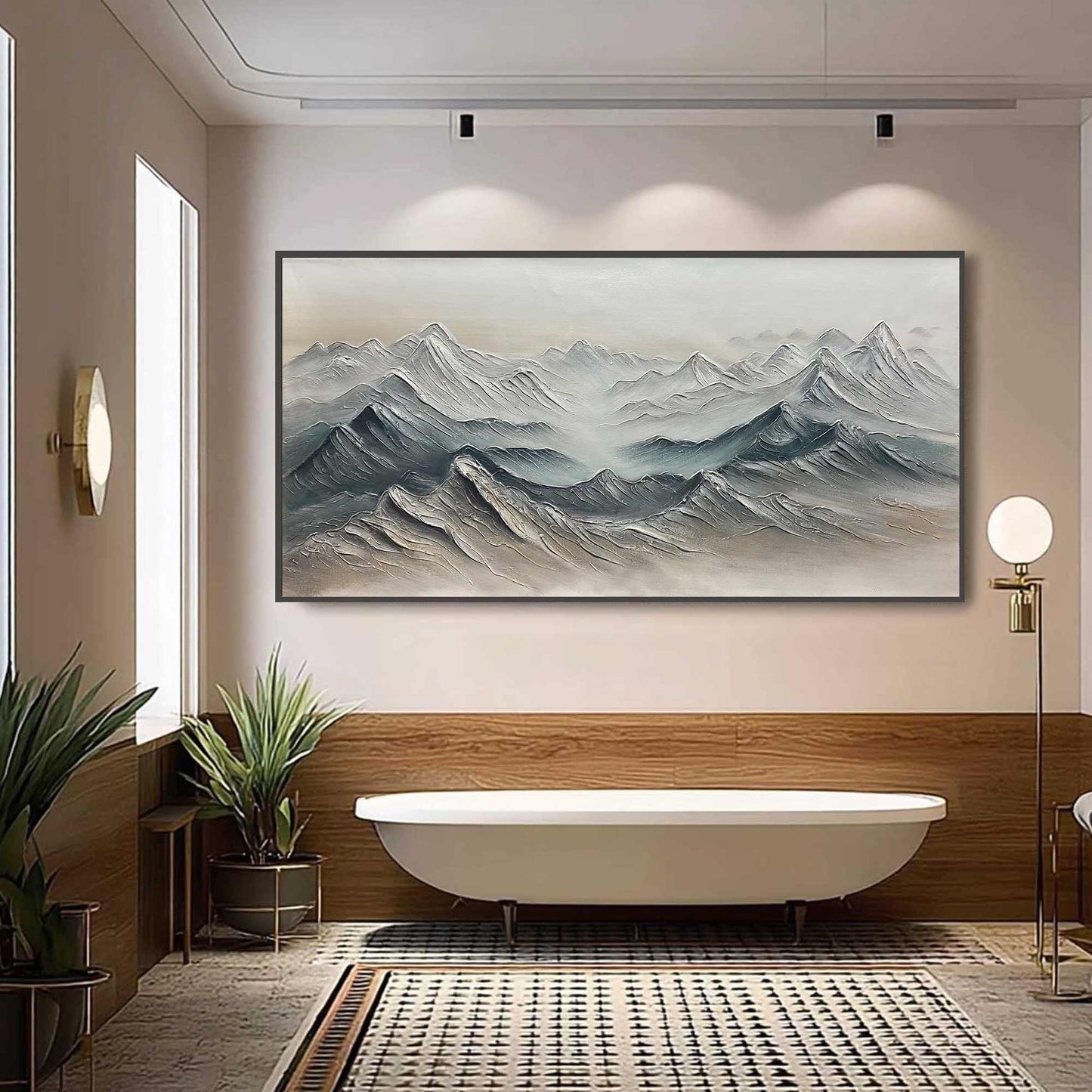 Frozen Peaks hand-painted white and soft grey textured abstract mountain painting rolled canvas option