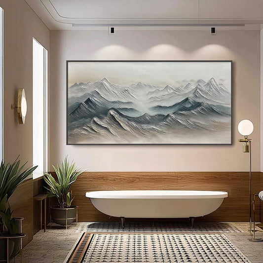 Frozen Peaks hand-painted white and soft grey textured abstract mountain painting rolled canvas option