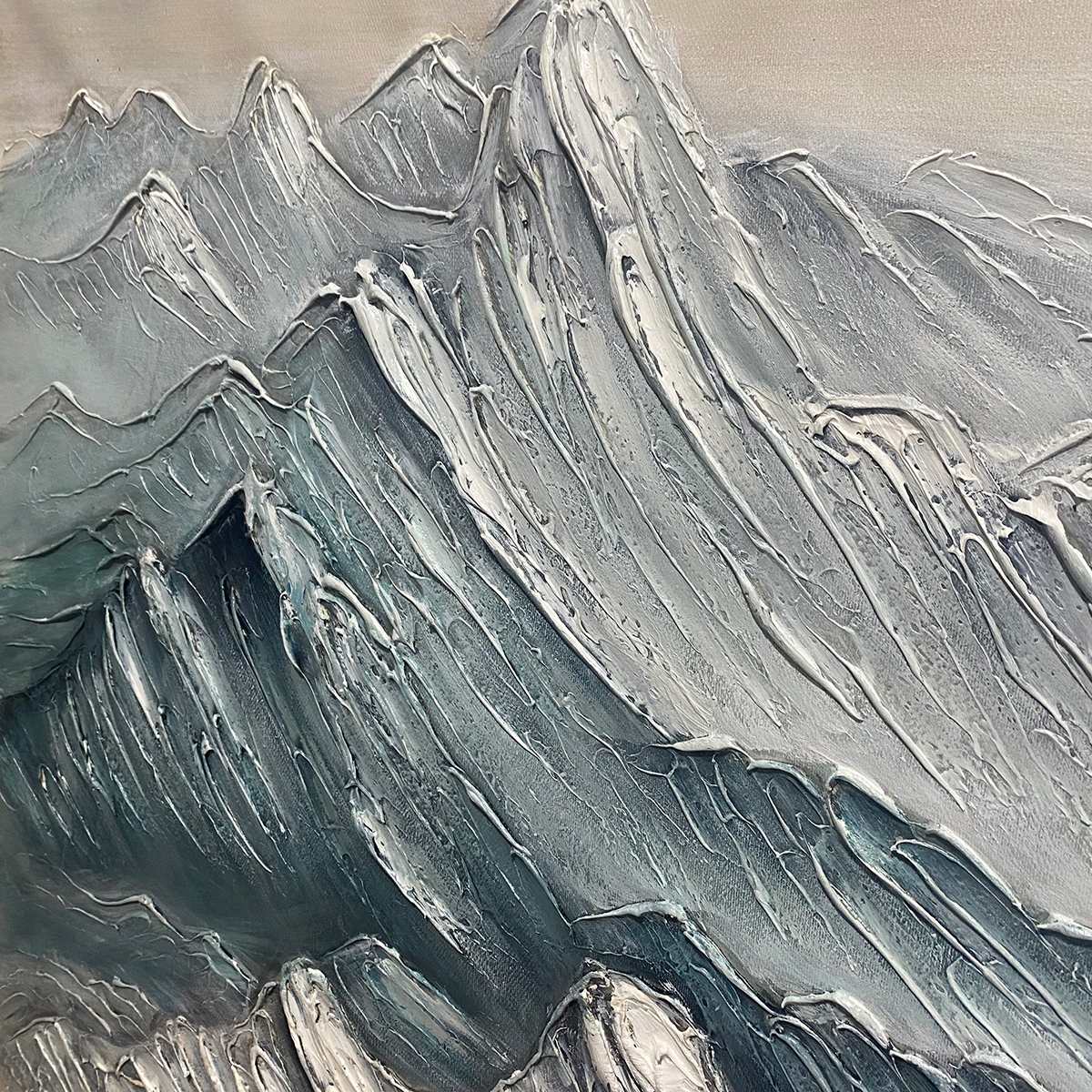 Frozen Peaks hand-painted white and soft grey textured abstract mountain painting shown with white frame