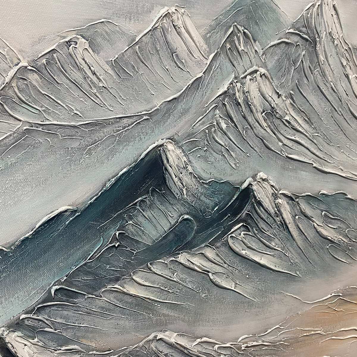 Frozen Peaks hand-painted white and soft grey textured abstract mountain painting shown as stretched canvas