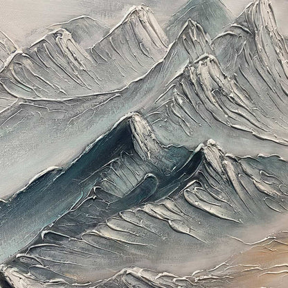Frozen Peaks hand-painted white and soft grey textured abstract mountain painting shown as stretched canvas