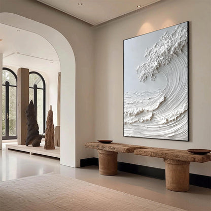 Frozen Momentum hand-painted white and soft beige textured ocean wave painting shown with white frame