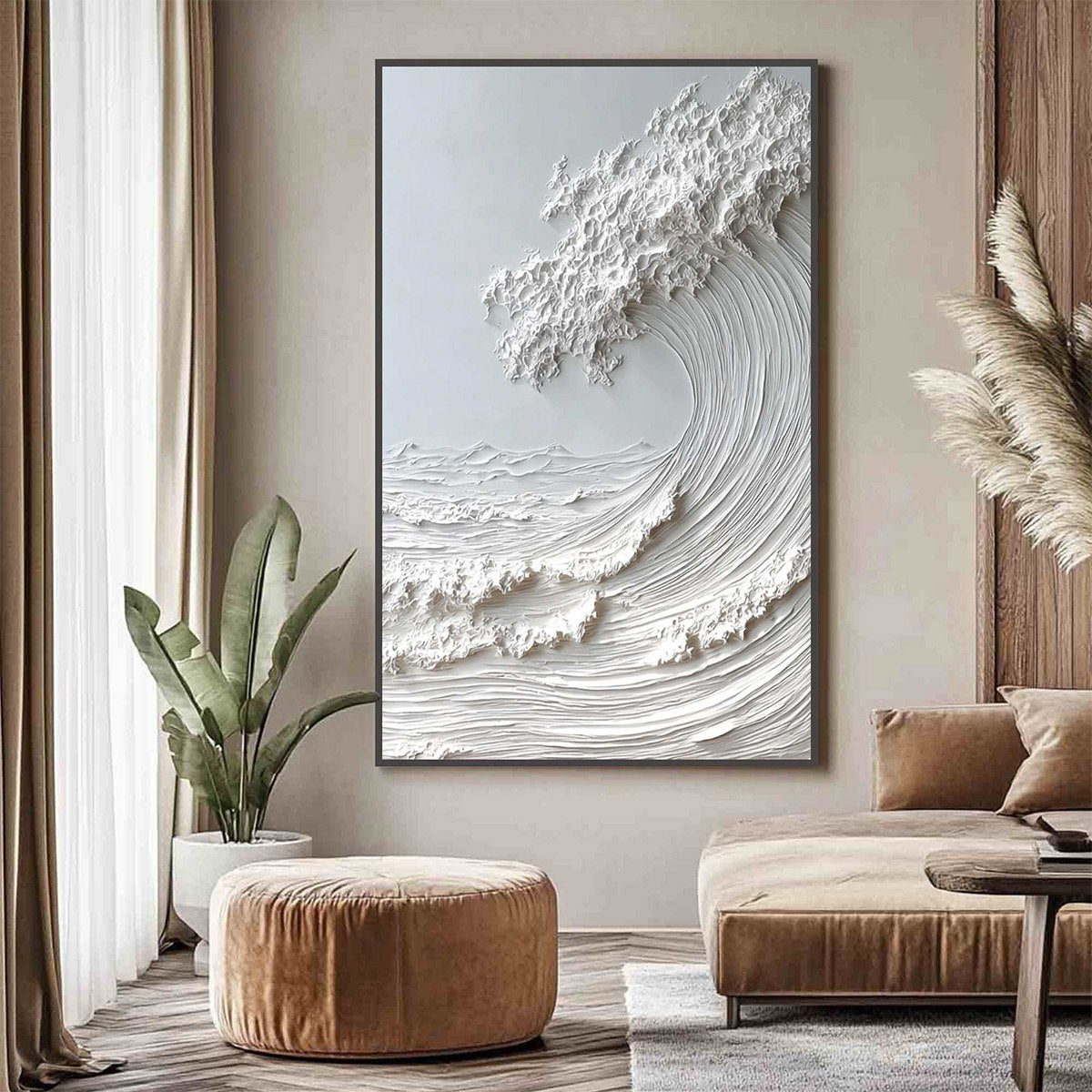 Frozen Momentum hand-painted white and soft beige textured ocean wave painting shown as stretched canvas