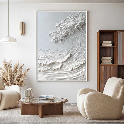 Frozen Momentum hand-painted white and soft beige textured ocean wave painting shown with black frame