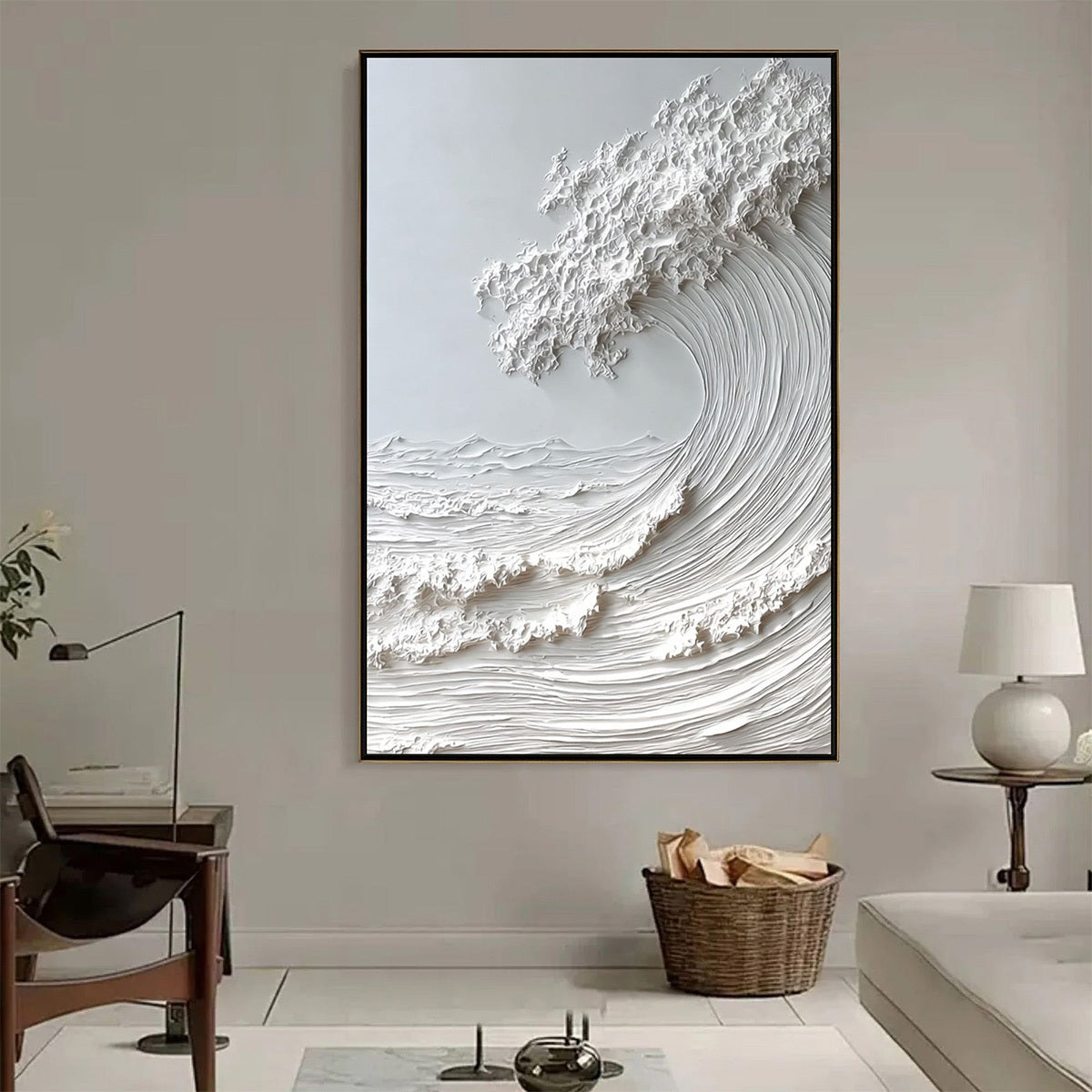 Frozen Momentum hand-painted white and soft beige textured ocean wave painting rolled canvas option