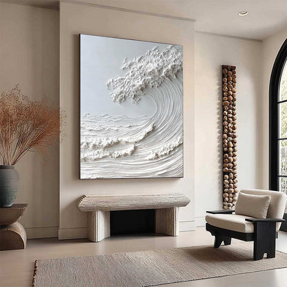 Frozen Momentum hand-painted white and soft beige textured ocean wave painting shown as stretched canvas