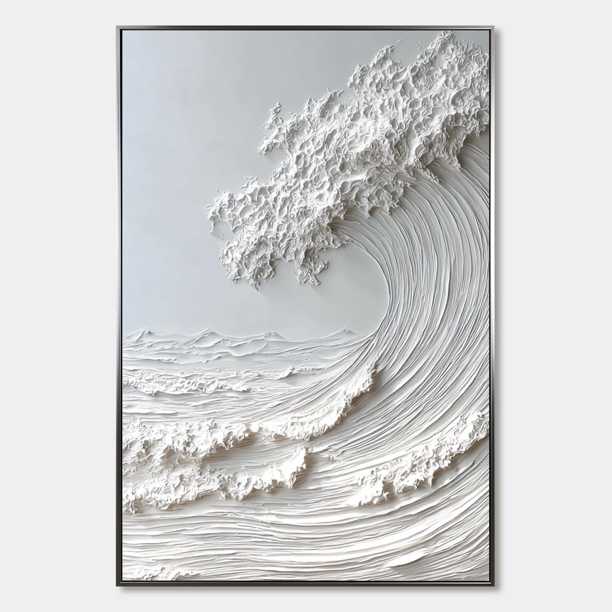 Frozen Momentum hand-painted white and soft beige textured ocean wave painting rolled canvas option