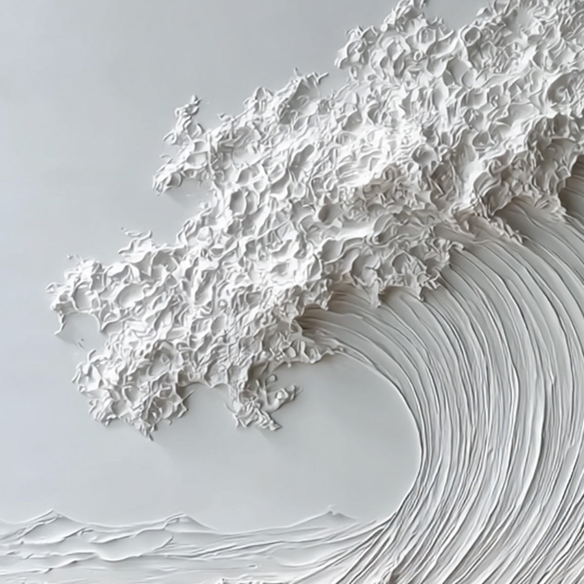 Frozen Momentum hand-painted white and soft beige textured ocean wave painting shown with silver frame