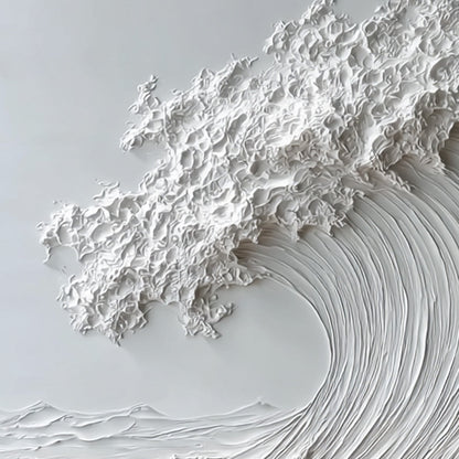 Frozen Momentum hand-painted white and soft beige textured ocean wave painting shown with silver frame
