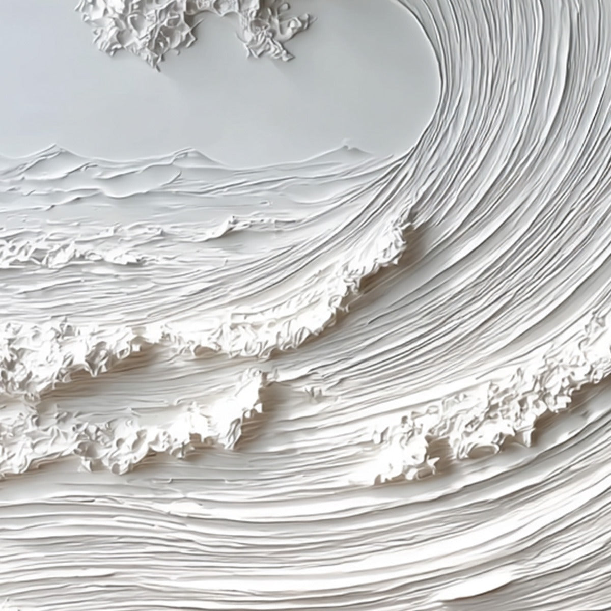 Frozen Momentum hand-painted white and soft beige textured ocean wave painting shown with wood frame