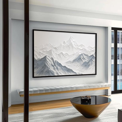 Frozen Peaks hand-painted white and soft grey textured abstract mountain painting rolled canvas option