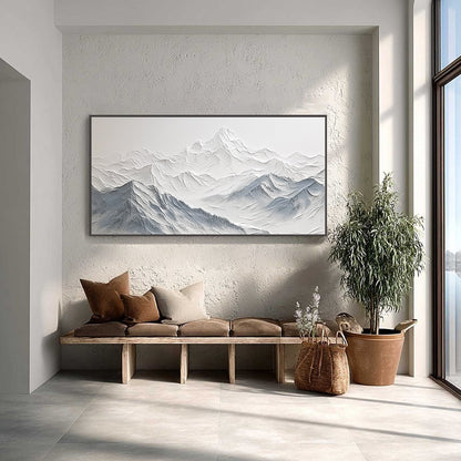 Frozen Peaks hand-painted white and soft grey textured abstract mountain painting shown with black frame