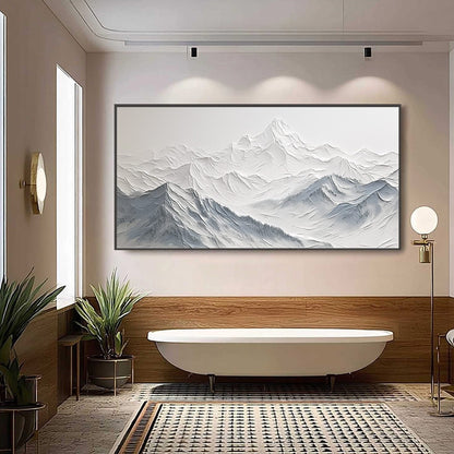 Frozen Peaks hand-painted white and soft grey textured abstract mountain painting shown with white frame