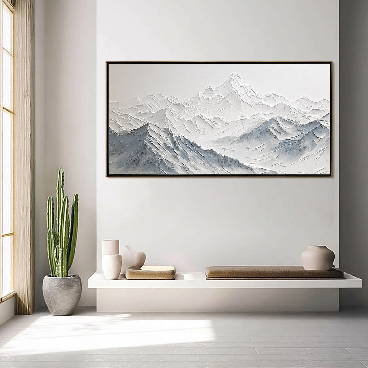 Frozen Peaks hand-painted white and soft grey textured abstract mountain painting shown as stretched canvas