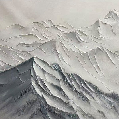 Frozen Peaks hand-painted white and soft grey textured abstract mountain painting shown with silver frame