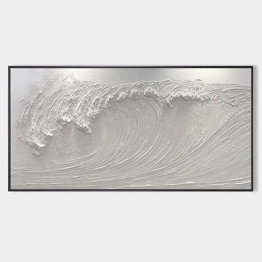 Frozen Tide hand-painted white and soft beige textured ocean wave painting rolled canvas option