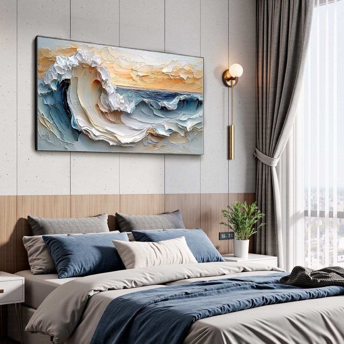 Frozen Tide hand-painted white and ocean blue textured ocean wave painting shown with white frame