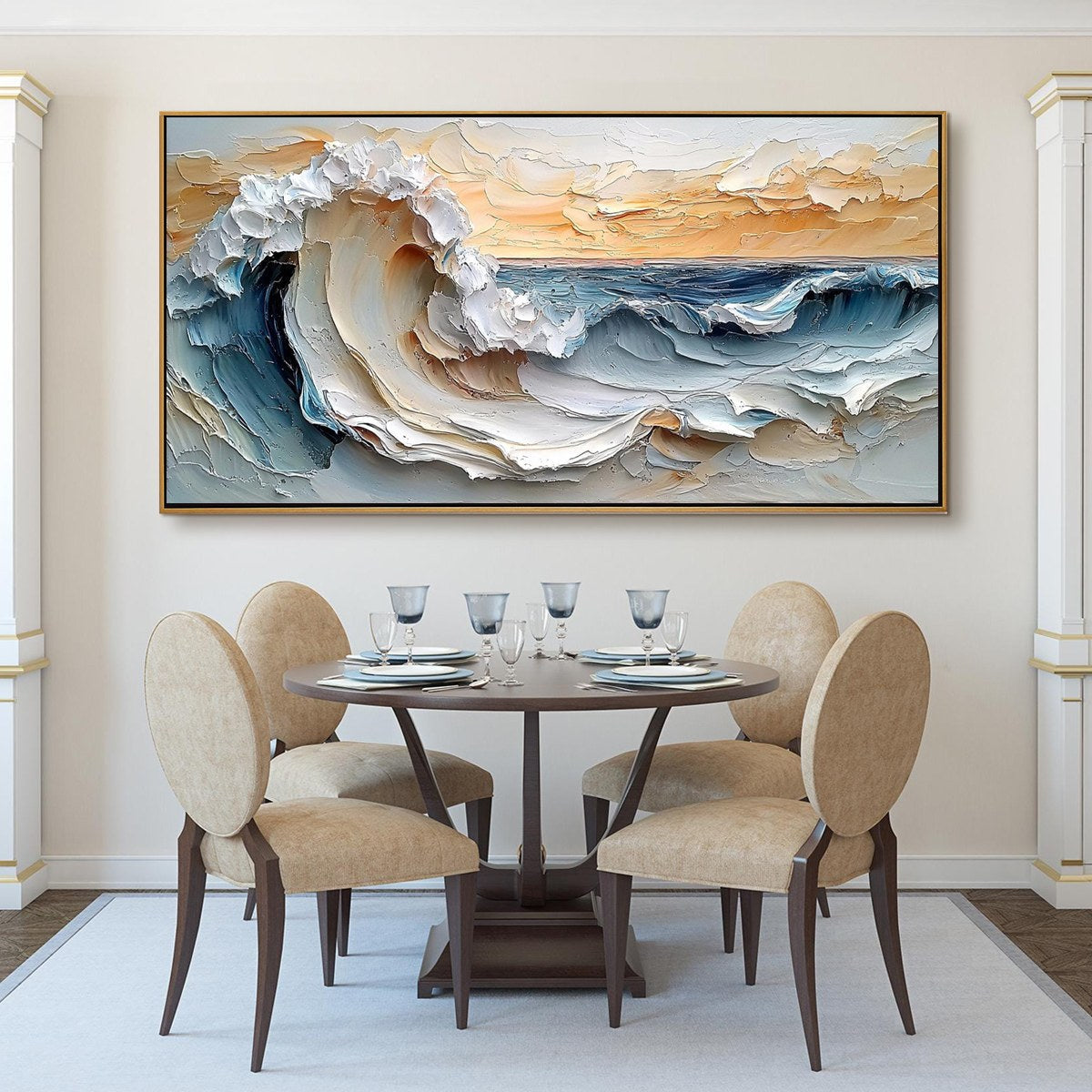 Frozen Tide hand-painted white and ocean blue textured ocean wave painting shown as stretched canvas