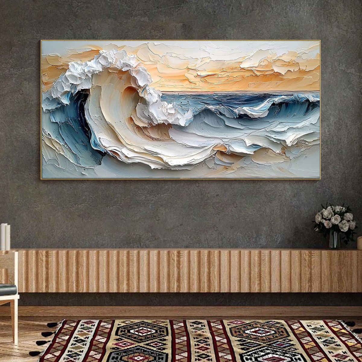 Frozen Tide hand-painted white and ocean blue textured ocean wave painting shown with black frame