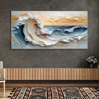 Frozen Tide hand-painted white and ocean blue textured ocean wave painting shown with black frame