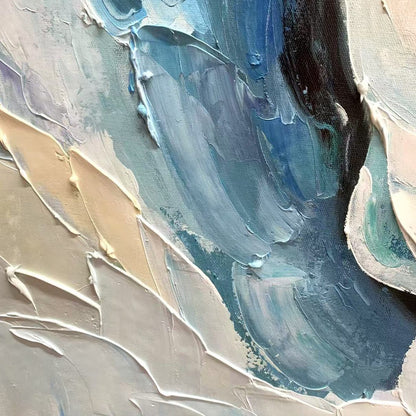 Frozen Tide hand-painted white and ocean blue textured ocean wave painting shown with silver frame