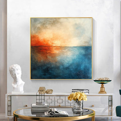 Fiery Embrace hand-painted beige and ivory textured sunset seascape painting shown with wood frame