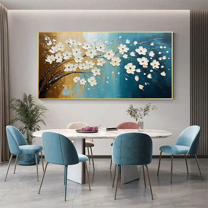 Hand-Painted Floral Oil Painting – Blue & Gold