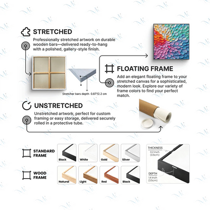 Serene Sunset hand-painted ocean blue, ivory and soft neutral tones textured sunset seascape painting shown with silver frame