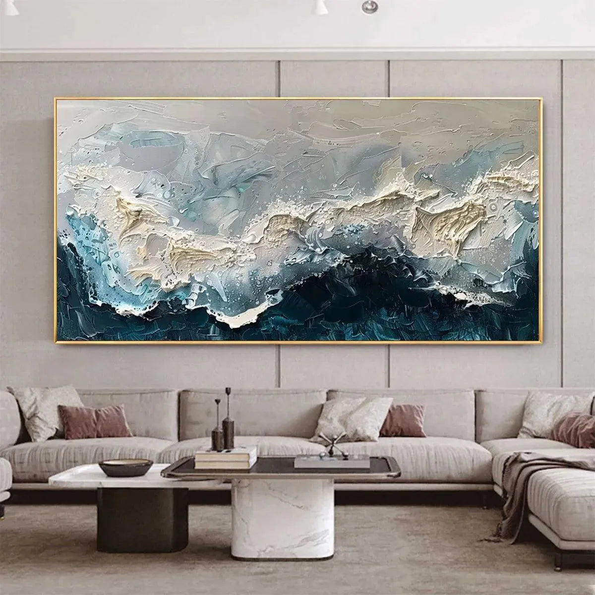 Frozen Motion hand-painted white and teal textured coastal abstract painting shown as stretched canvas