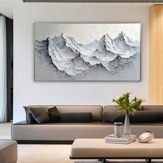 Frozen Peaks hand-painted white, soft grey and slate blue textured mountain landscape painting shown as stretched canvas