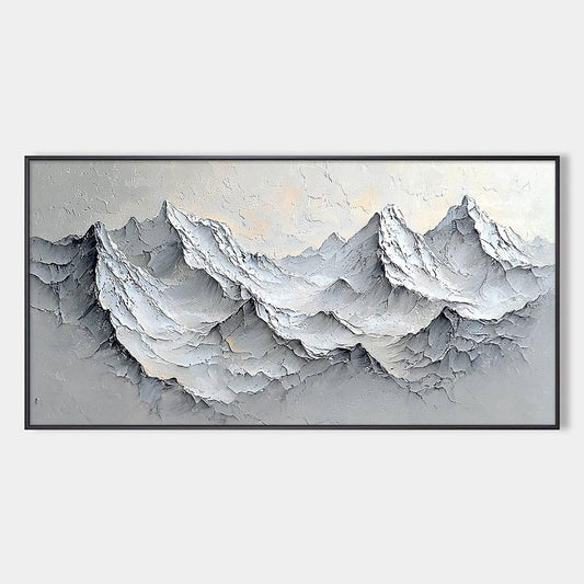 Frozen Peaks hand-painted white, soft grey and slate blue textured mountain landscape painting rolled canvas option
