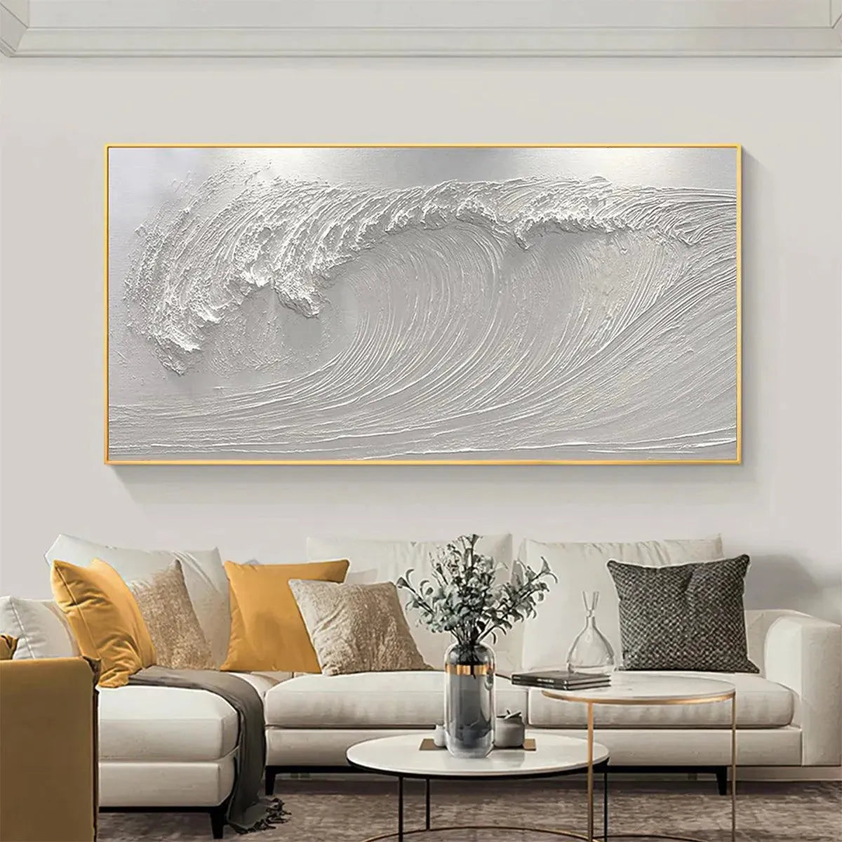 Frozen Tide hand-painted white and soft beige textured ocean wave painting shown as stretched canvas