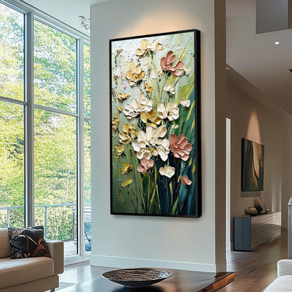 Yellow and Blush Wildflower Impasto Painting – Garden Serenade