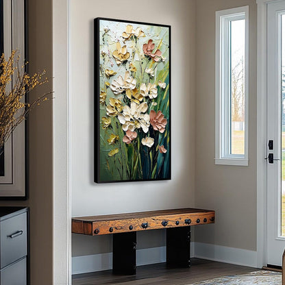 Yellow and Blush Wildflower Impasto Painting – Garden Serenade