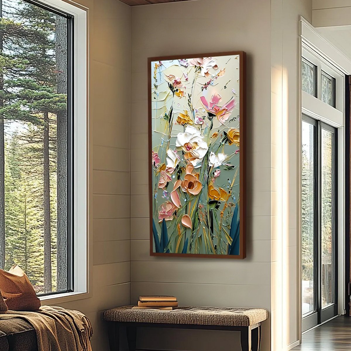 Green and Blush Flower Garden Impasto Painting – Garden Whispers