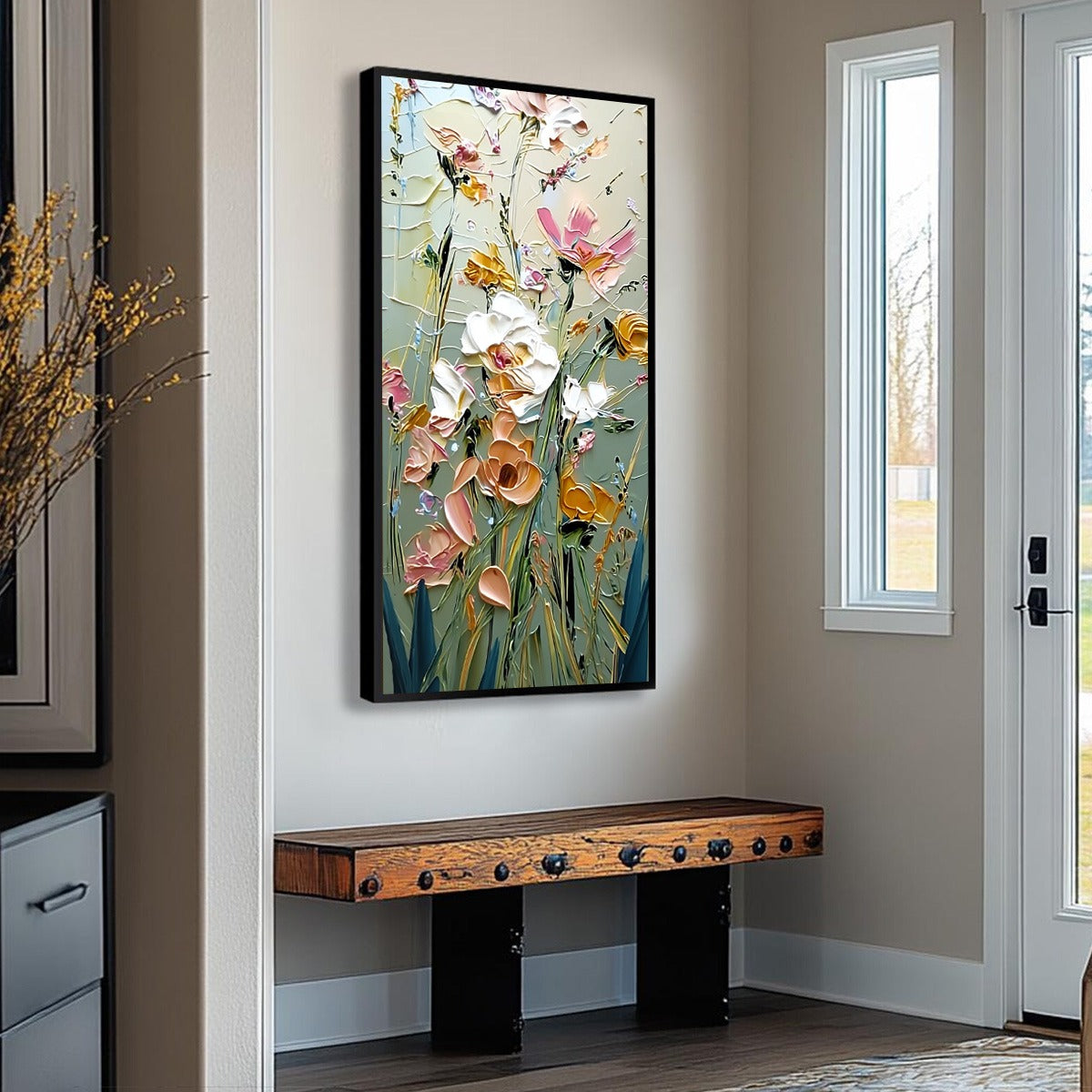 Green and Blush Flower Garden Impasto Painting – Garden Whispers
