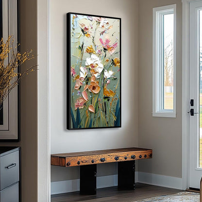 Green and Blush Flower Garden Impasto Painting – Garden Whispers