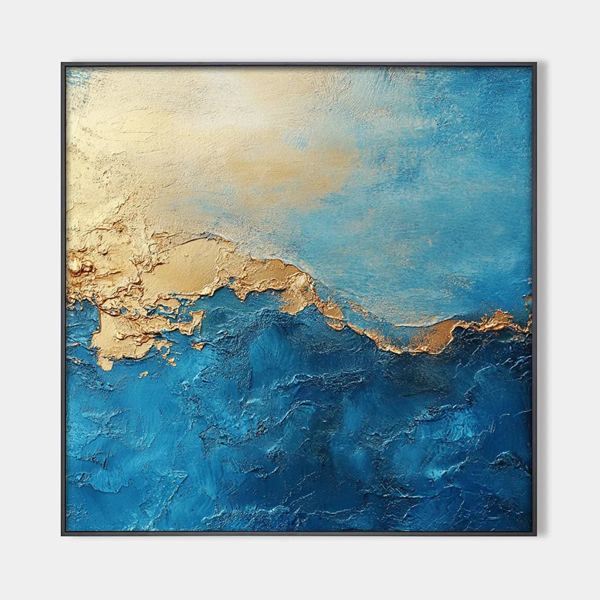 Gilded Tidepool hand-painted ocean blue and gold textured coastal abstract painting rolled canvas option