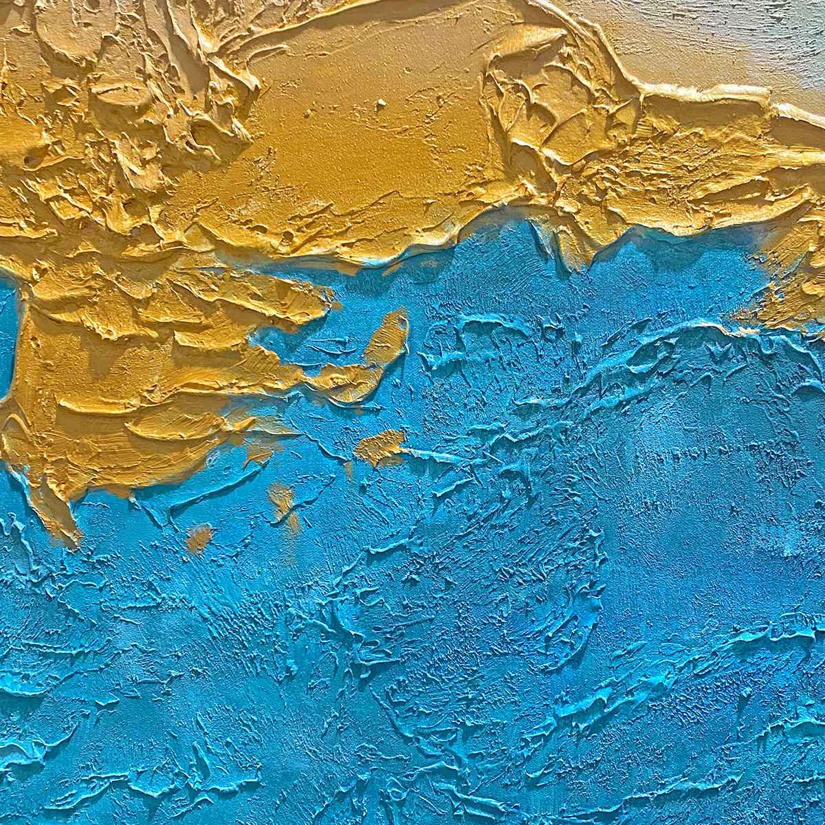 Gilded Tidepool hand-painted ocean blue and gold textured coastal abstract painting shown with wood frame