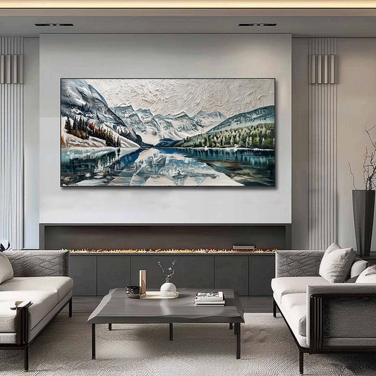 Glacial Serenity hand-painted white, soft grey and slate blue textured mountain lake painting shown as stretched canvas