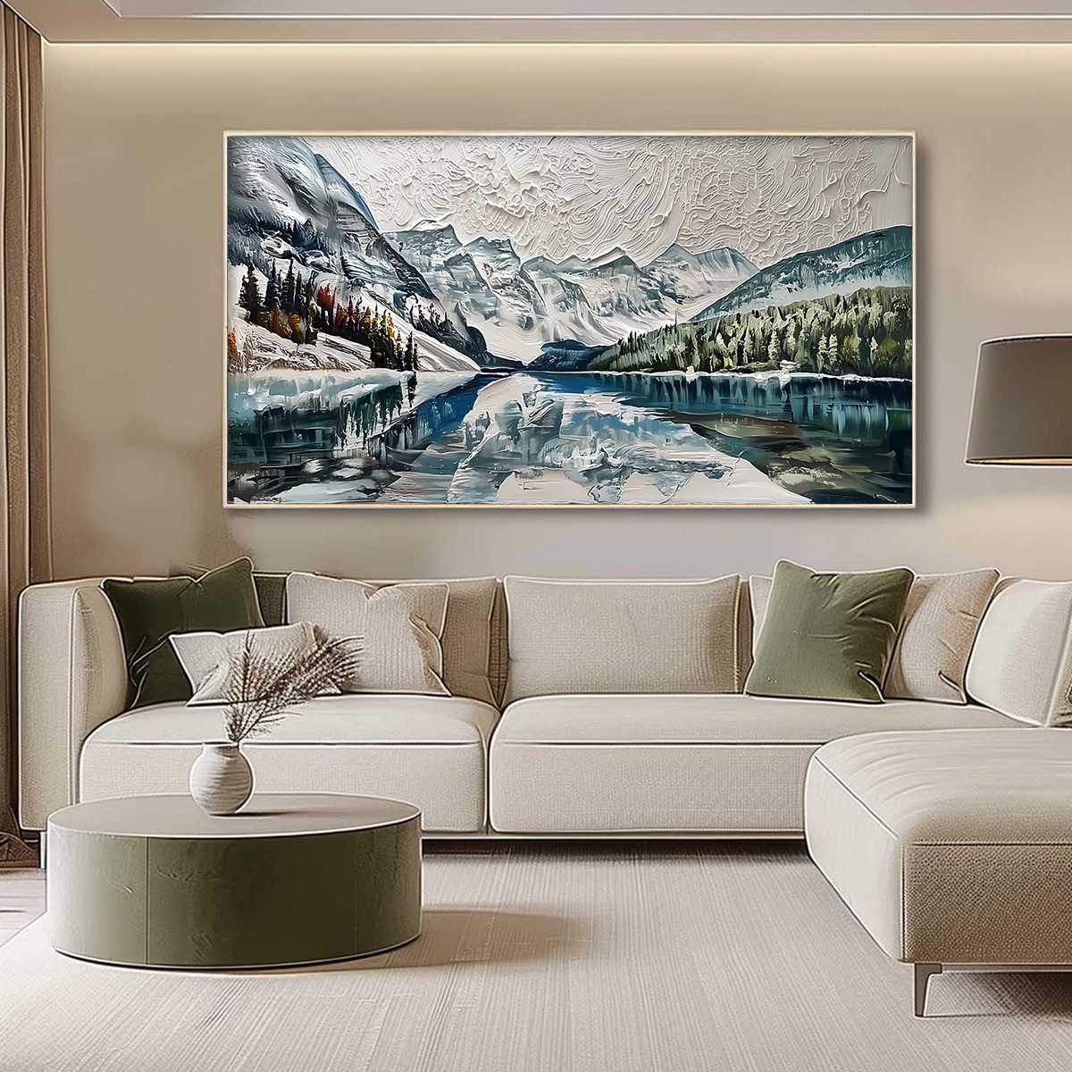 Glacial Serenity hand-painted white, soft grey and slate blue textured mountain lake painting shown with silver frame