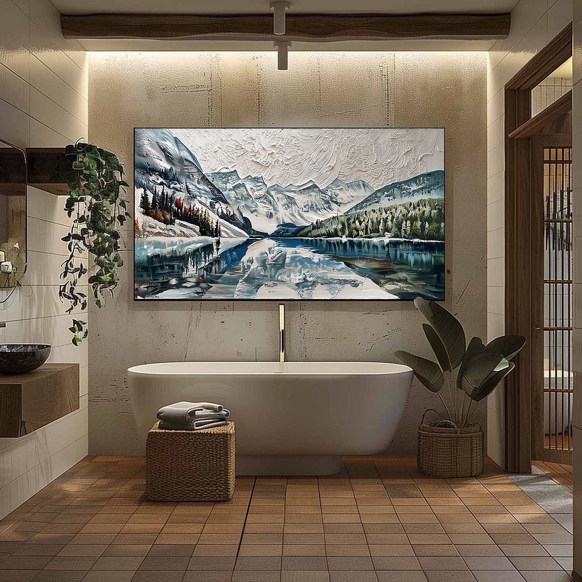 Glacial Serenity hand-painted white, soft grey and slate blue textured mountain lake painting shown with black frame