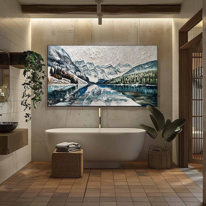 Glacial Serenity hand-painted white, soft grey and slate blue textured mountain lake painting shown with black frame