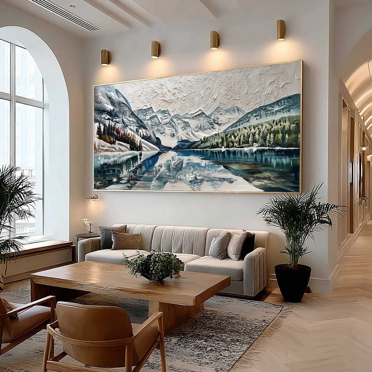 Glacial Serenity hand-painted white, soft grey and slate blue textured mountain lake painting shown with wood frame